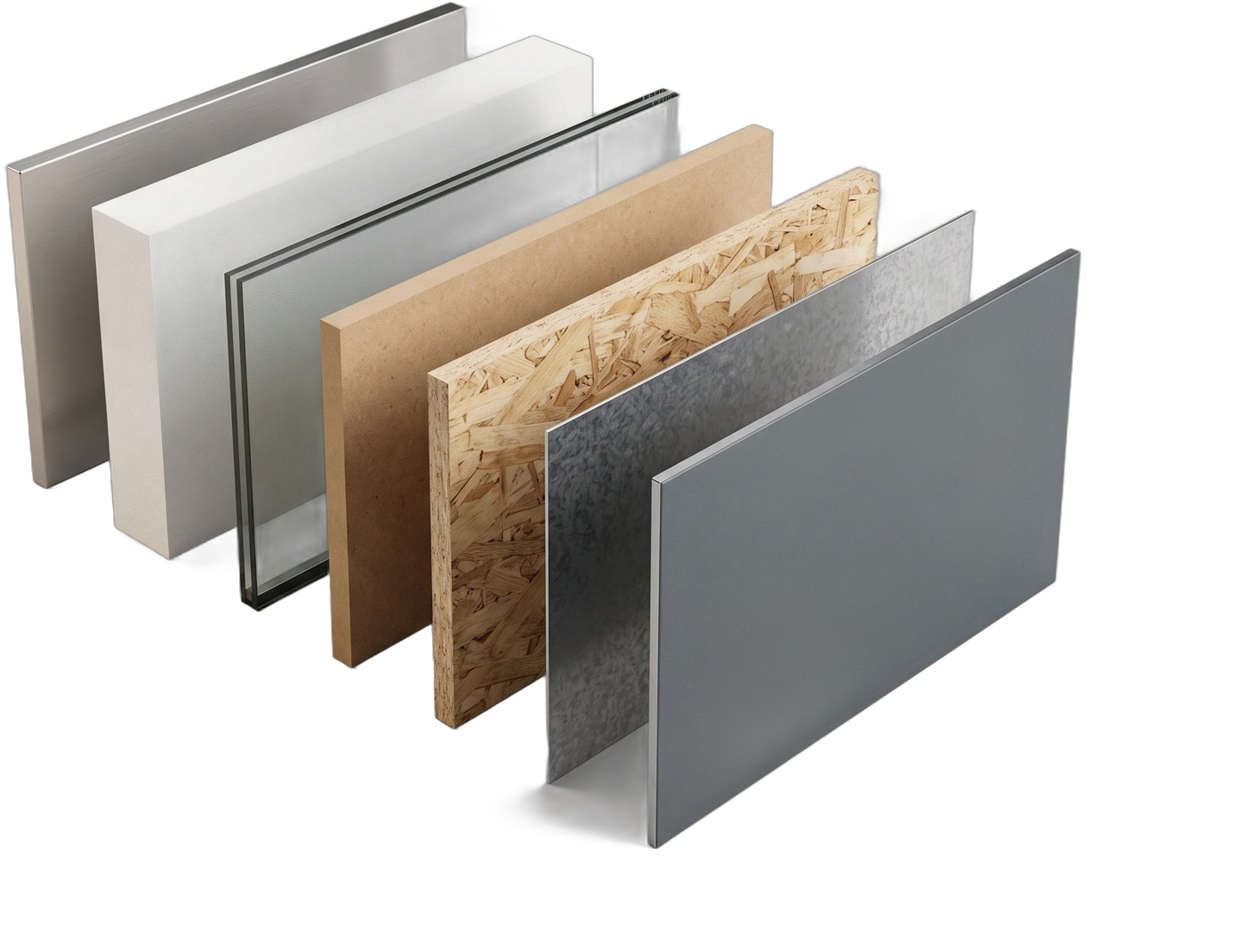 Panel sandwich desfăcut pe straturi: față din aluminiu, PVC sau HPL, tablă zincată, OSB, MDF, pachet de geam, miez de XPS și ornament
